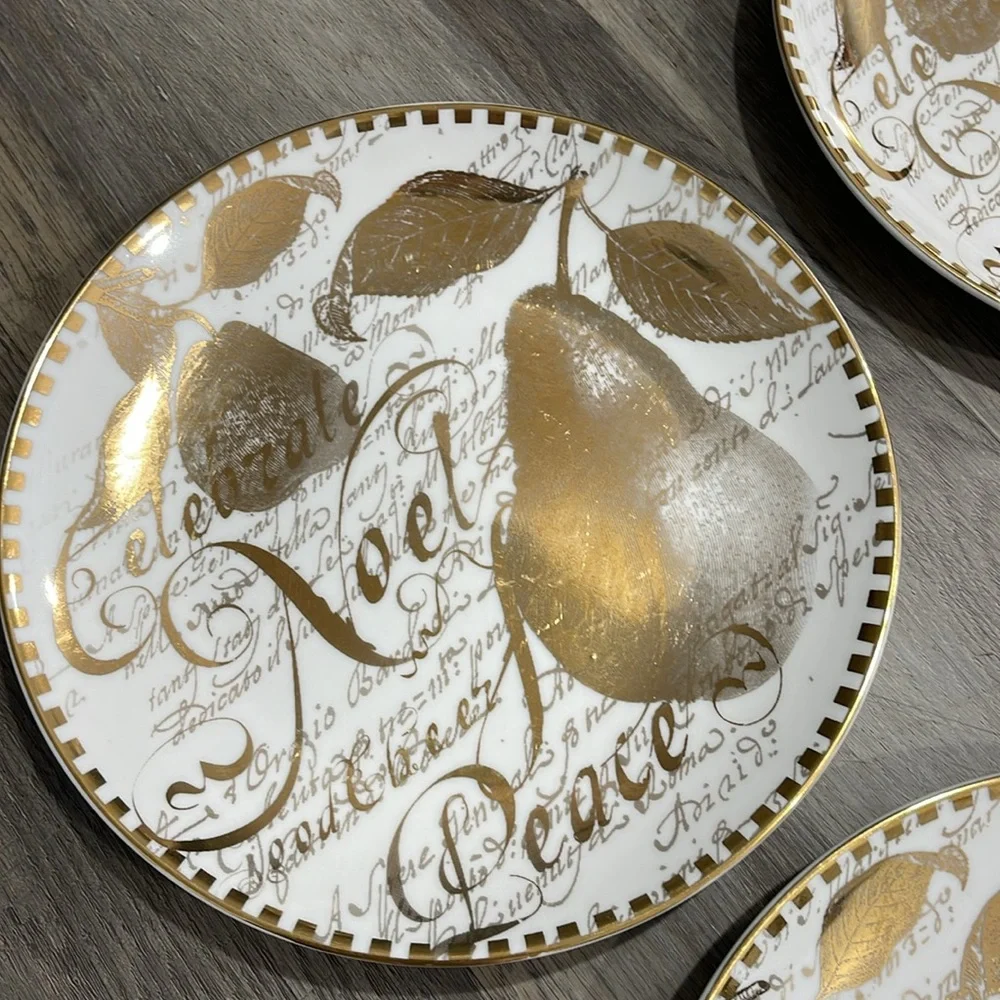 Restoration Hardware Christmas 8”Plates Holiday Gold Pear Noel Peace Set